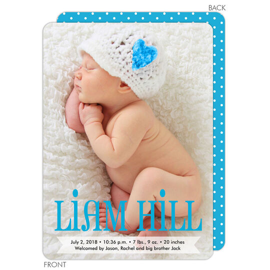 Blue and Bold Vertical Photo Birth Announcements